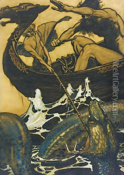 Sea Battle (Stories From The Edda) Oil Painting - Arthur Rackham