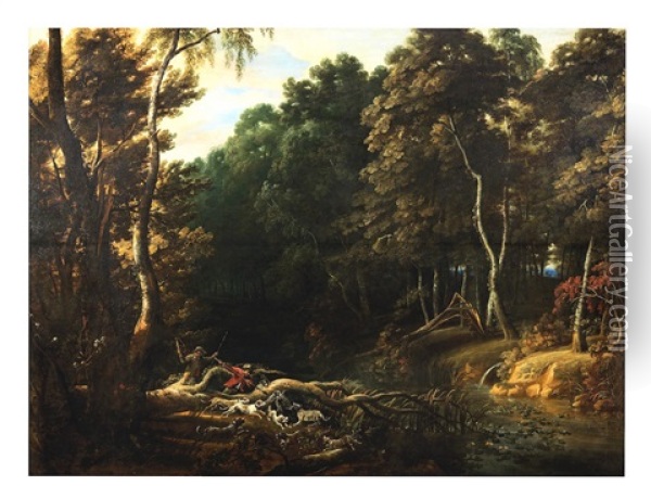 A Wooded Landscape With A Boar Hunt Oil Painting - Jacques d' Arthois