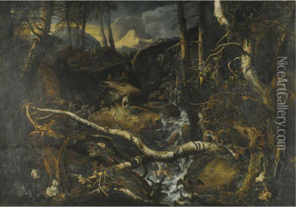 A Rocky Mountainous Landscape With A Torrent, Fishermen On The Rocks, A Fallen Birch And Two Foxes Oil Painting - Anton Faistenberger