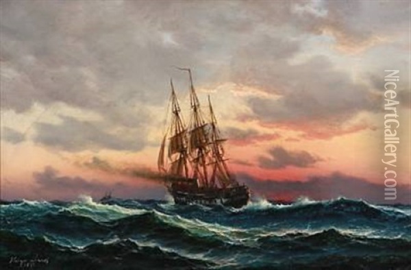 The Danish Frigate Jylland In Tall Waves At Sunset Oil Painting - Holger Luebbers
