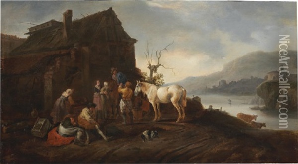 A River Landscape With Horsemen And Travellers Resting Outside A Tavern Oil Painting - Pieter Wouwerman