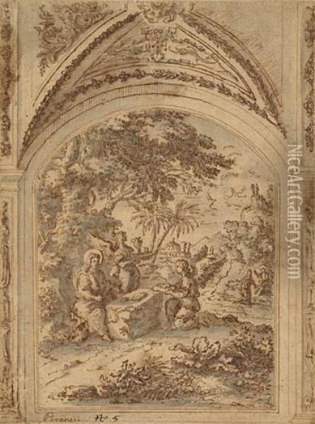Project For An Arched Compartment In A Vaulted Room With A Scene Ofchrist Tempted Oil Painting - Agostino Tassi