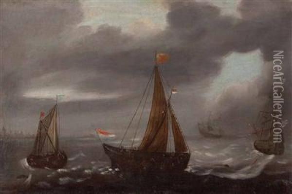 Segelboote Auf Sturmischer See In Kustennahe Oil Painting - Jacob Gerritz Loef