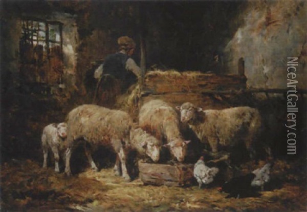 Im Stall - Bauerin Beim Futtern Der Schafe Und Huhner Oil Painting - Felix Saturnin Brissot de Warville