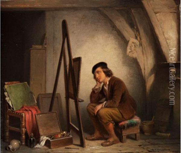 Der Vor Seiner Staffelei Nachdenklich Sinnende, Junge Maler Oil Painting - Napoleon Francois Ghesquiere