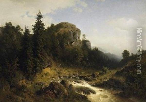 Quiet Dale In The Swiss Jura Mountains. Upcoming Mist. Signed Bottom Right: H. Frische Oil Painting - Heinrich Ludwig Frische