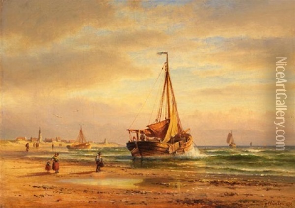 Segelboote Am Strand Oil Painting - Franz Johann (Wilhelm) Huenten
