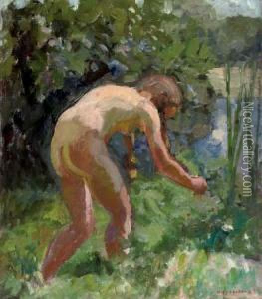 Nude Sowing In The Garden Oil Painting - Axel Bredsdorff