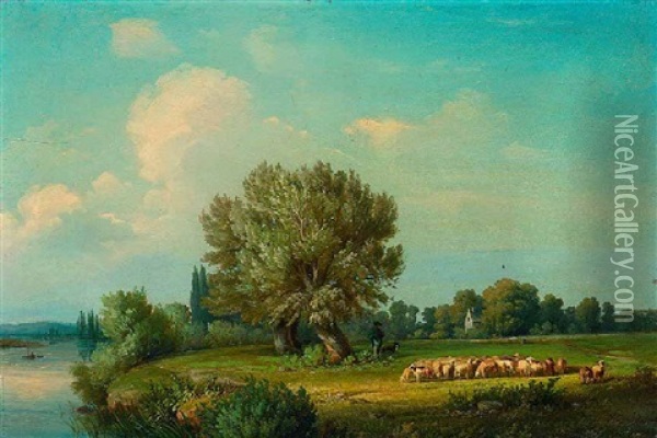 Schafherde Vor Flusslandschaft Oil Painting - Heinrich Zwecker