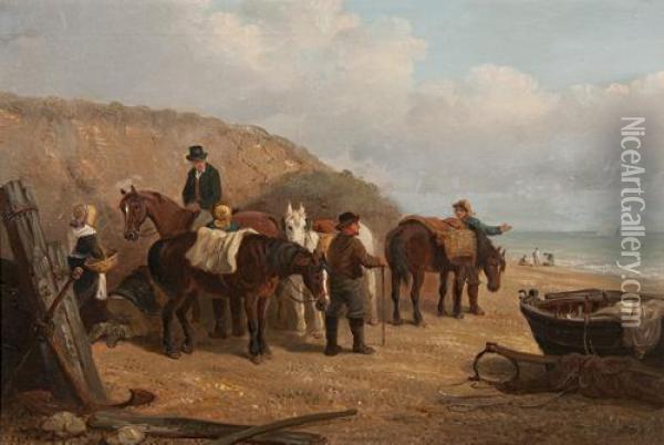 Figures, Horses And A Boat On A Foreshore Oil Painting - Thomas Smythe