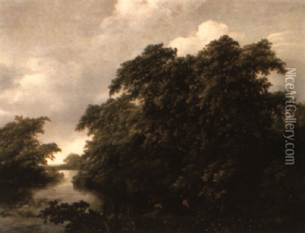 A Wooded River Landscape With Anglers Mooring Boats On A Bank Oil Painting - Jan De Lagoor