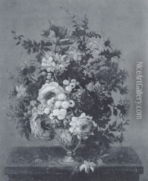 Blumenstraus In Einer Skulptierten Metallvase Oil Painting - Jean-Baptiste Belin de Fontenay the Elder