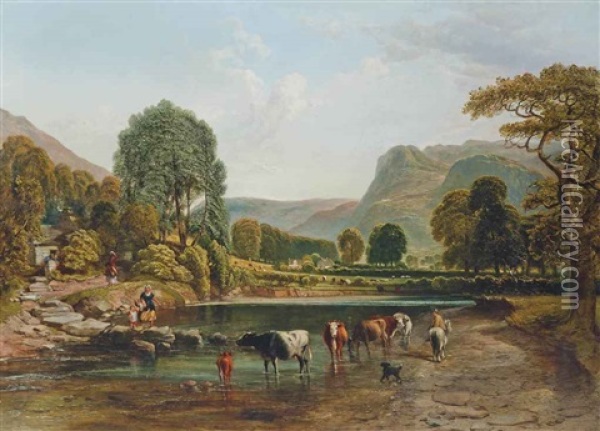 Cattle Watering By The Stepping Stones, Betws Y Coed, North Wales Oil Painting - Samuel Bough