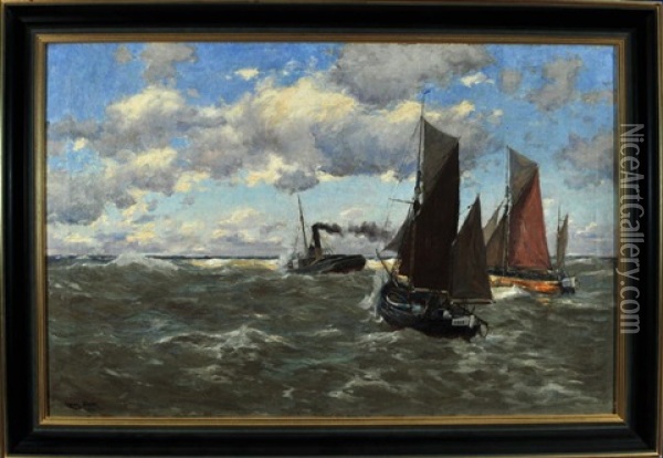 Ein Schlepper Mit Segelschiffen Auf See Oil Painting - Erwin Carl Wilhelm Guenther
