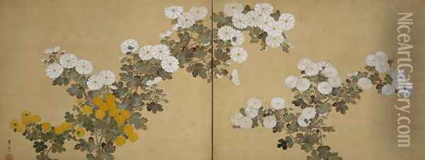 Chrysanthemums Edo period Oil Painting - Suzuki Kiitsu