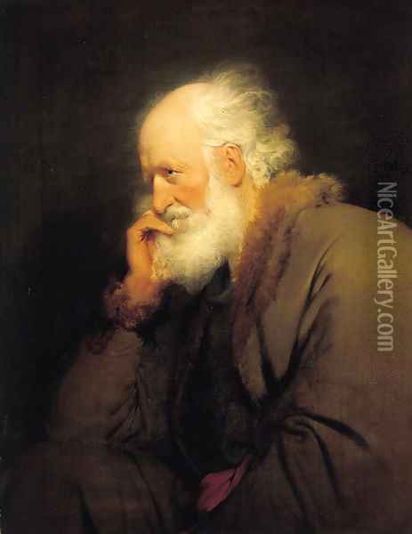 An old man, half-length, in a brown fur-lined coat Oil Painting - Josepf Wright Of Derby