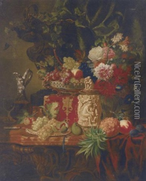 A Cornucopia Of Fruit, Flowers, An Ivory Casket And A Flask Of Wine On A Table Oil Painting - Adalbert Schaeffer