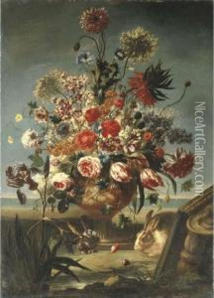 Parrot Tulips, Roses, An Imperial Lily, Morning Glory And Other Flowers Oil Painting - Karel Van Vogelaer, Carlo Dei Fiori