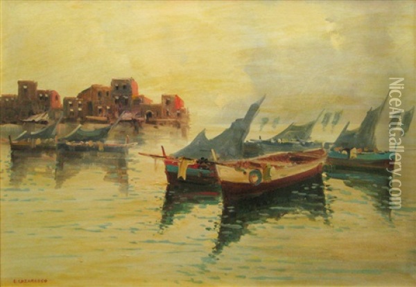 Boats In Venice Oil Painting - Emilian Lazarescu