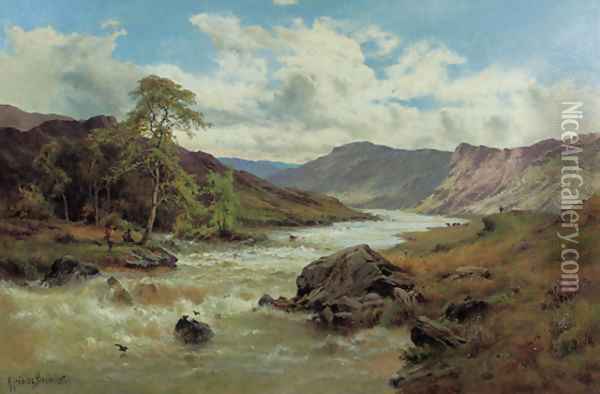 Fishing at Capel Curig, North Wales Oil Painting - Alfred de Breanski