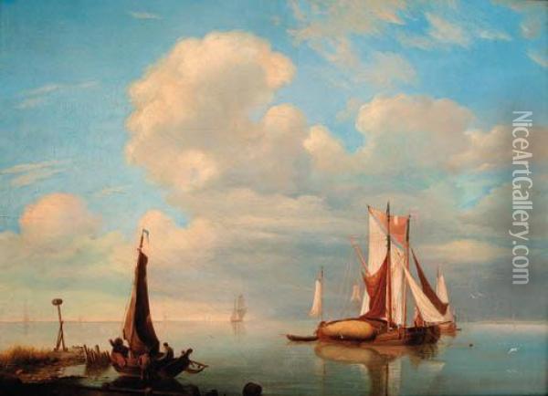Hay Barges Anchored In A Calm On The Scheldt Oil Painting - Hermanus Koekkoek