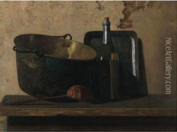 Wine And Brass Stewing Kettle (preparation Of French Potage) Oil Painting - John Frederick Peto