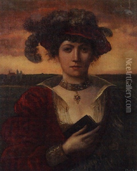Portrait Of A Young Noble Woman In A Feathered Hat, A Landscape Beyond Oil Painting - Adolf Melchert