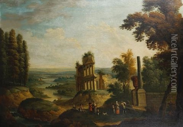 Figures Before An Obelisk In An Italianate River Landscape, With Ruined Buildings In The Distance Oil Painting - Jan Frans van Bredael the Elder