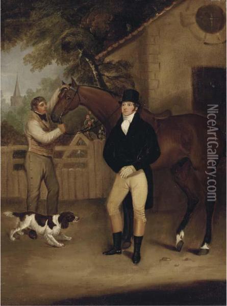 Portrait Of A Gentleman With His Bay Hunter Held By A Groom Oil Painting - Francis Wheatley