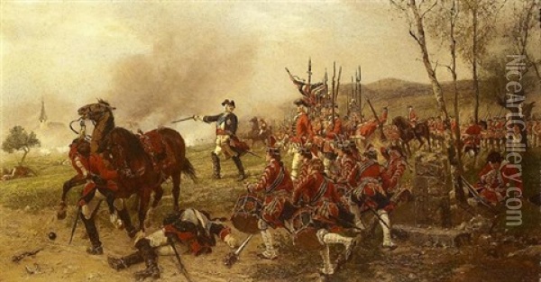 George Ii At The Battle Of Dettington. 'george Dismounted, Drew His Sword, And Put Himself At The Head...' Oil Painting - Ernest Crofts
