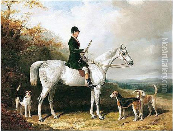 William Long, Huntsman To The Beaufort, On His Grey Hunter Bertha With Three Hounds Oil Painting - Henry Barraud