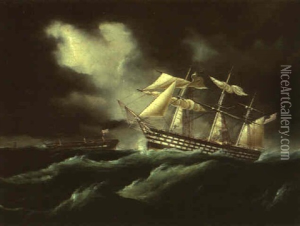 Ships In A Stormy Sea Oil Painting - James Edward Buttersworth