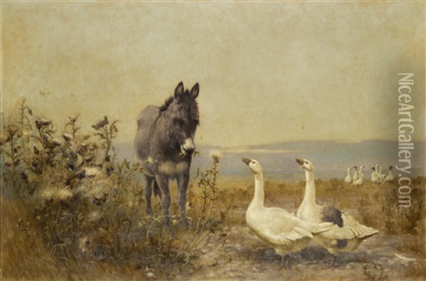 Donkey And Geese Oil Painting - Robert B. Farren