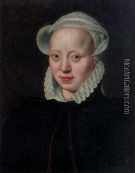 Portrait Of A Lady In A Black Dress Trimmed With Fur And A White Collar And Bonnet Oil Painting - Pieter Jansz Pourbus
