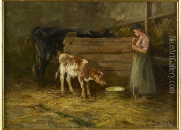 Tending The Calf Oil Painting - Joseph Milner