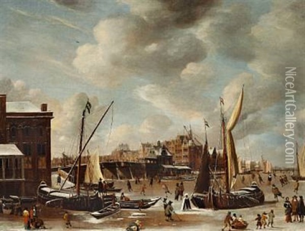 A View Of The Nieuwe Brug And The Paalhuis In Amsterdam With Townsfolk Skating On The Frozen Canal Oil Painting - Abraham Beerstraten