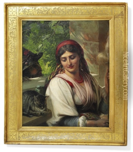 Italian Woman At The Spindle Oil Painting - Elisabeth Anna Maria Jerichau-Baumann