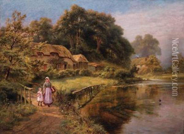 A Woman And Child Crossing A Bridge By A Lake Oil Painting - Robert Gallon