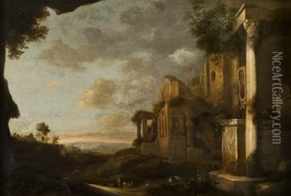 Ruines Antiques Dans Un Paysage (in 3 Parts) Oil Painting - Petrus Van Hattich
