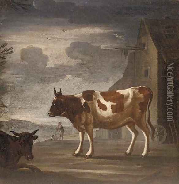 Two cows in front of a barn, a herder with a dog beyond Oil Painting - Dutch School