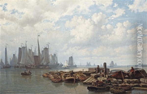 A Busy Day Near The Vlothaven On The Ij, Amsterdam Oil Painting - Johan Conrad Greive