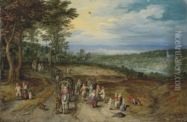 An Extensive Wooded Landscape With Travellers On A Track And Peasants Dancing In The Foreground Oil Painting - Jan Brueghel the Elder