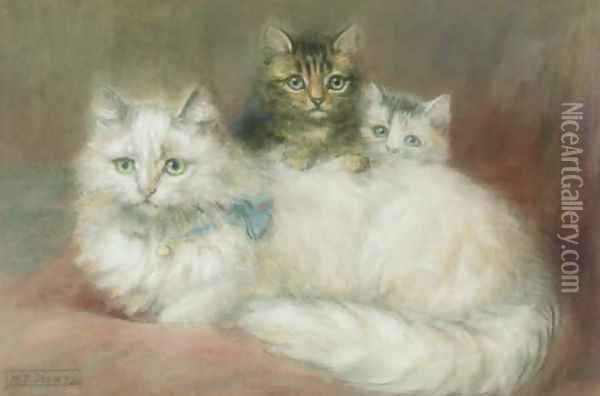 A Persian Cat and her kittens Oil Painting - Maud D. Heaps