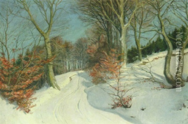 Vinterdag I Skoven Oil Painting - Hans Mortensen Agersnap