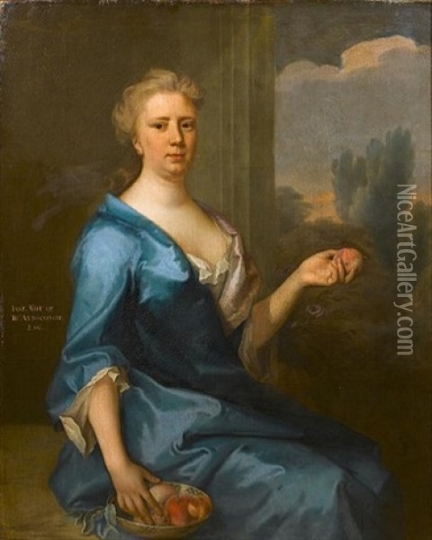 Portrait Of A Lady, Said To Be Jane, Wife Of Thomas Aynscombe, Seated In A Blue Dress And Holding A Dish Of Peaches Oil Painting - John Verelst