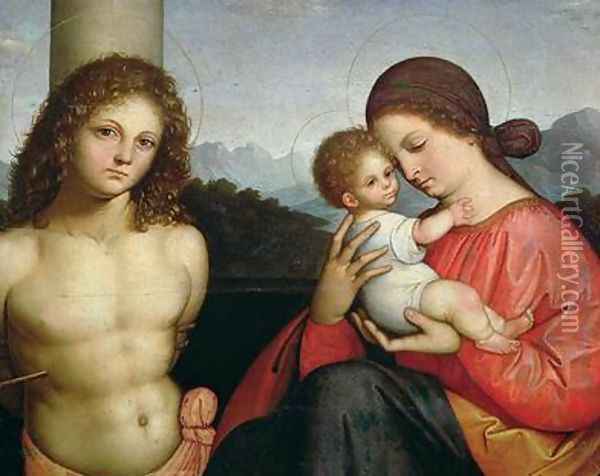 Madonna and Child with St Sebastian Oil Painting - Giovanni Agostino Da Lodi