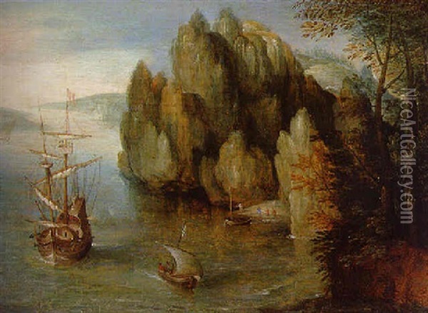 A Rocky Coastal Landscape With A Man-of-war Firing A Salute Oil Painting - Hans Liefrinck the Younger