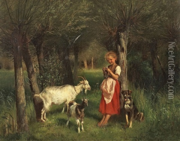 Strickendes Madchen Mit Zwei Ziegen Und Ihrem Hund Oil Painting - Anton Heinrich Dieffenbach