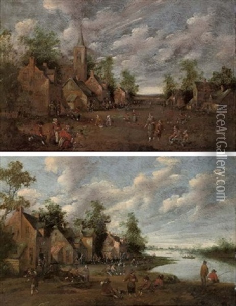 A Village With Figures Outside An Inn, A Church Beyond (+ A Riverside Village With Fishermen And Figures Conversing; Pair) Oil Painting - Joost Cornelisz. Droochsloot