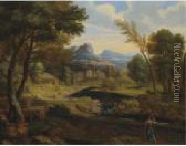Figures In A Wooded Landscape Oil Painting - Gaspard Dughet Poussin